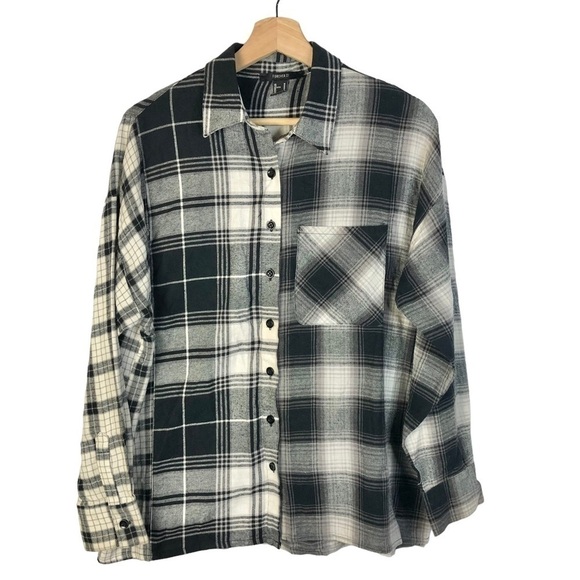 Forever 21 Black & White Mixed Plaid Flannel Long Sleeve Button Down M - Picture 1 of 4